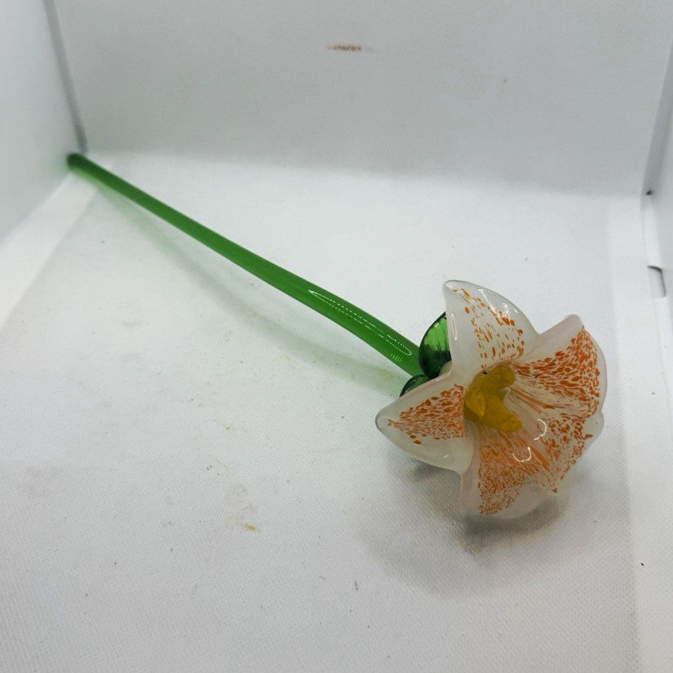 Glass Artificial Flower Stem Twig & Stem, Green with White & Orange Floral