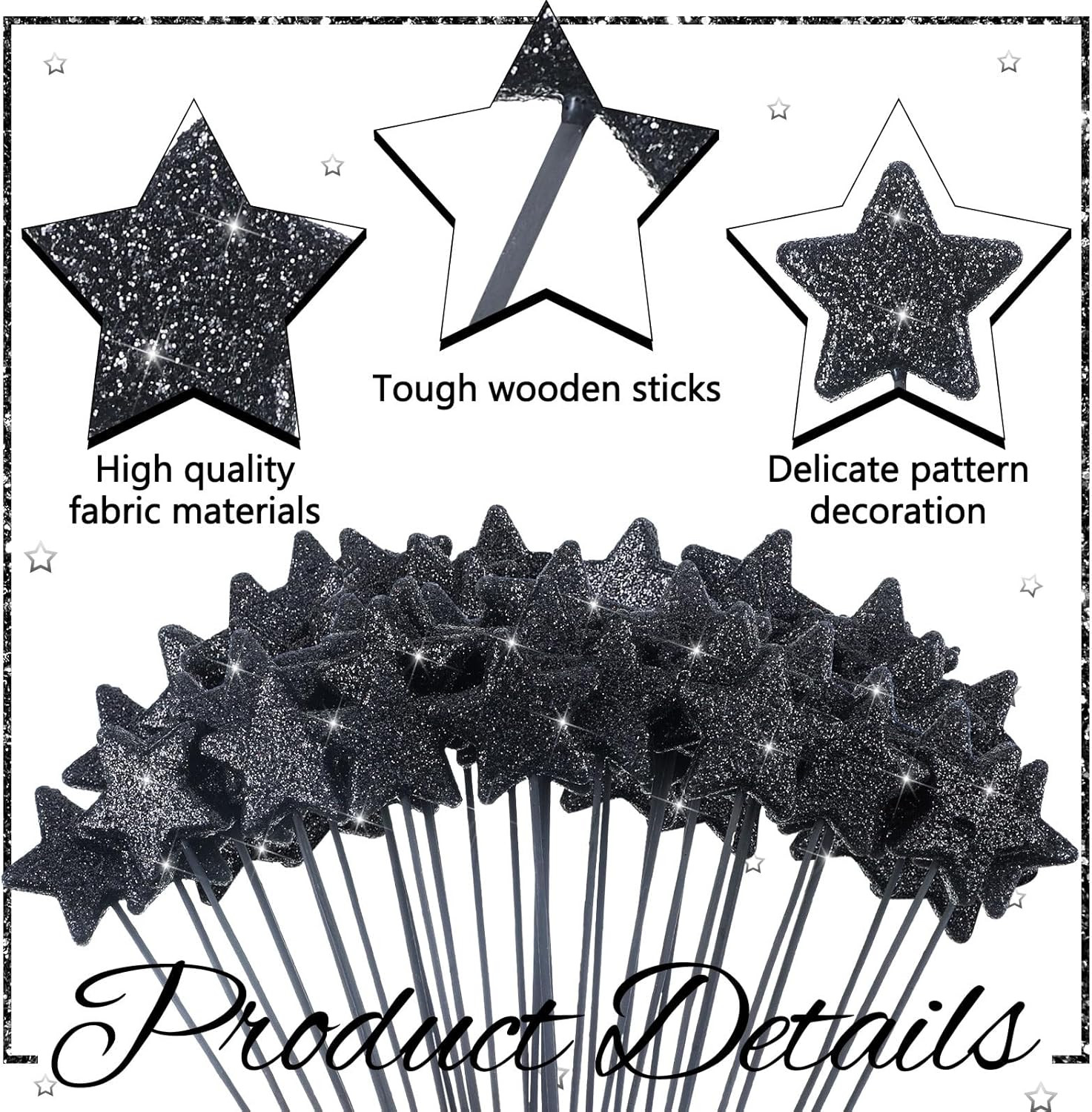 60 Pcs Black Star Floral Picks 8” Glitter Star Centerpiece Table Decor Black Cr