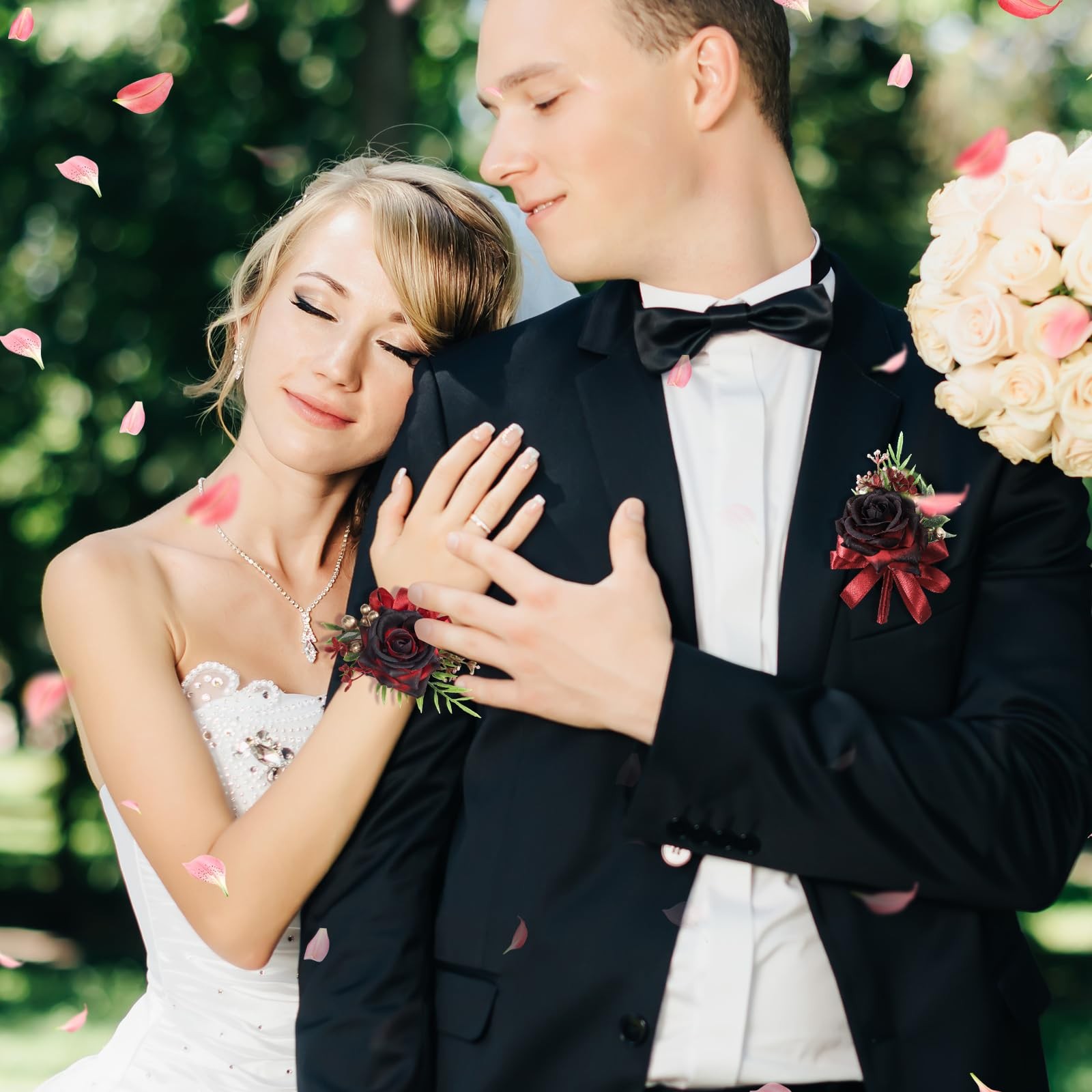 2 PCS Wine Red Rose Wrist Corsage Boutonniere Set Men Women Wedding Prom