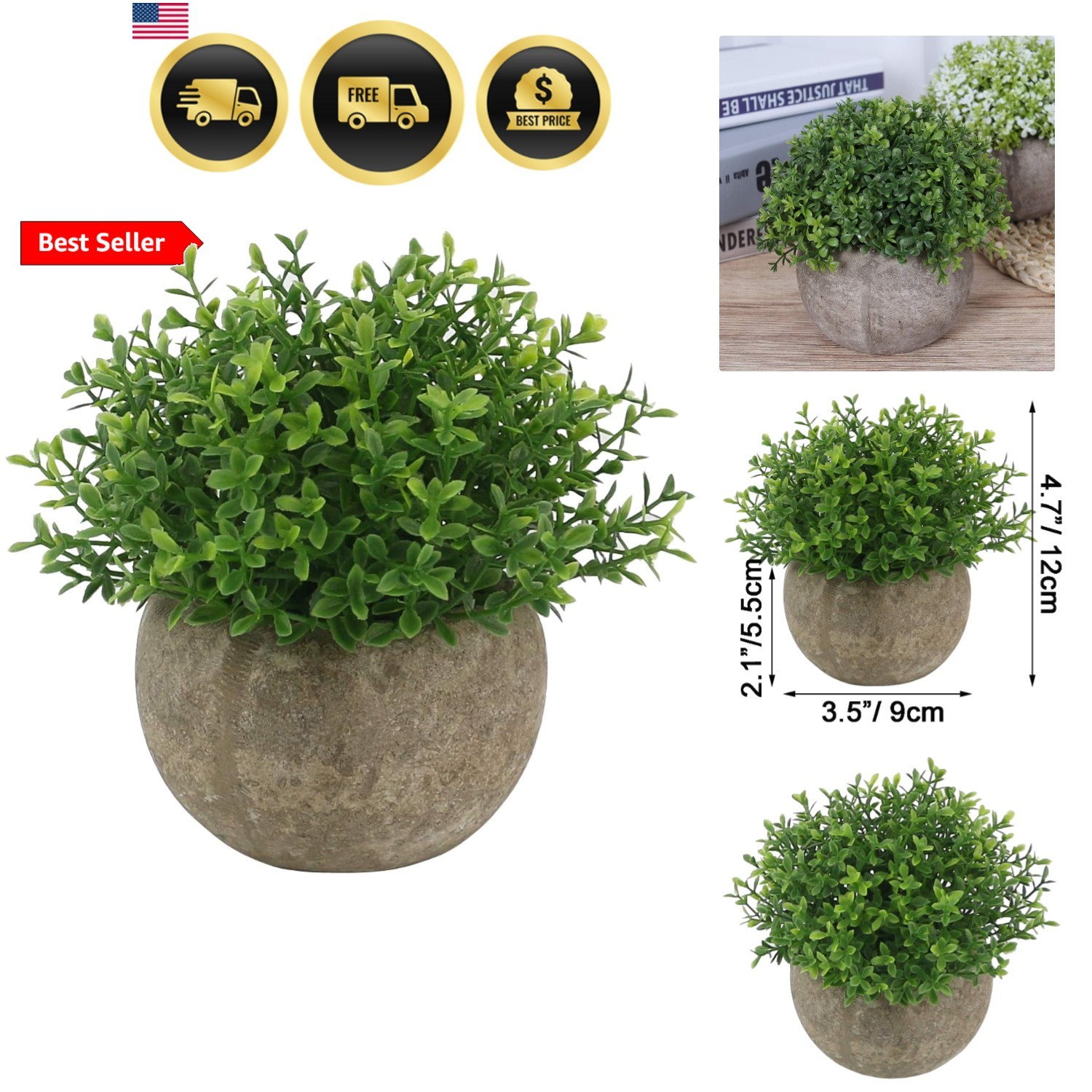 Mini Plastic Faux Plants in Pot/Small Topiary Shrubs Fake Greenery for Bathro…