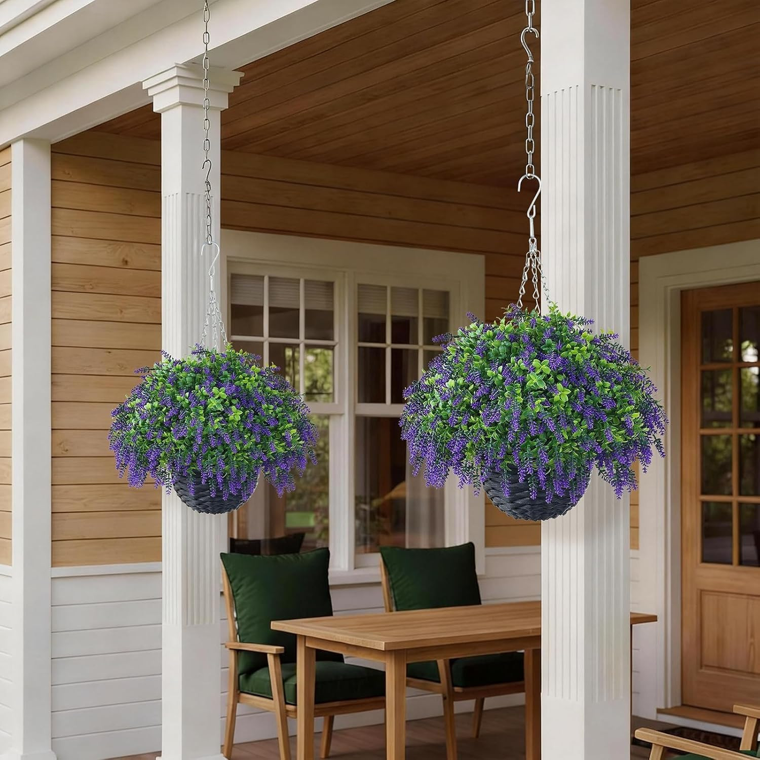 UV-Resistant Artificial Lavender & Boxwood Hanging Baskets – 2 Set for Outdoor D