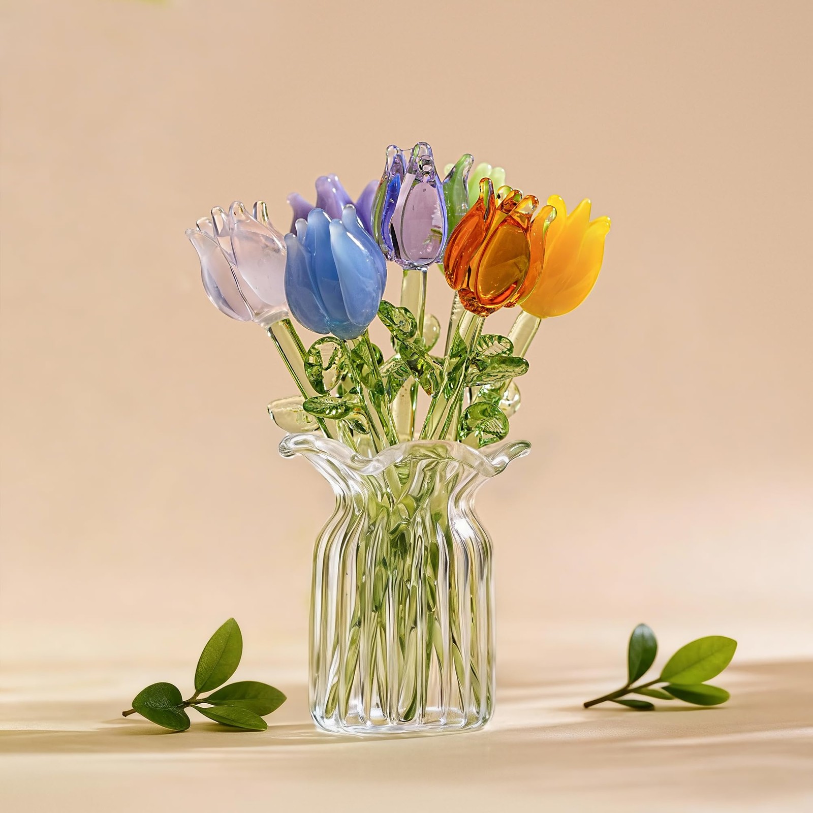 7 Pcs Mini Hand Blown Glass Tulip Artificial Flowers Vase for