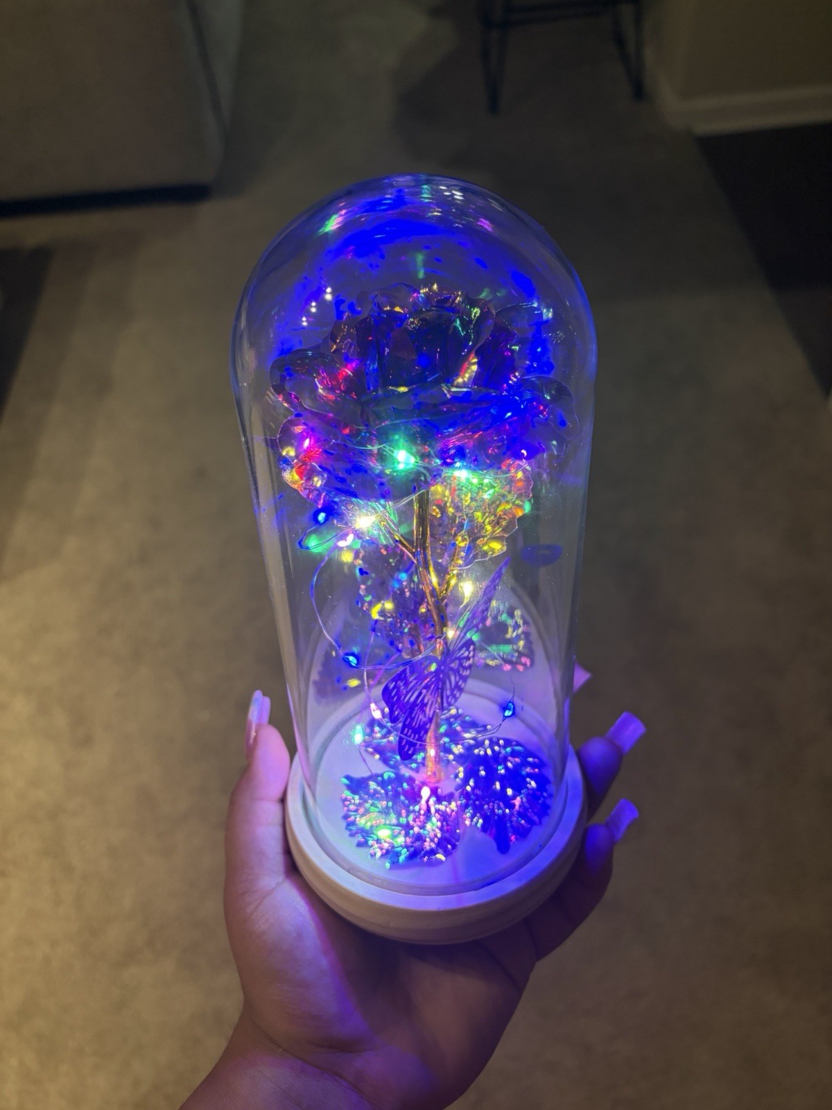 LED Light Up Artificial Purple Rose & Butterfly Glass Dome Cloche Wood Base