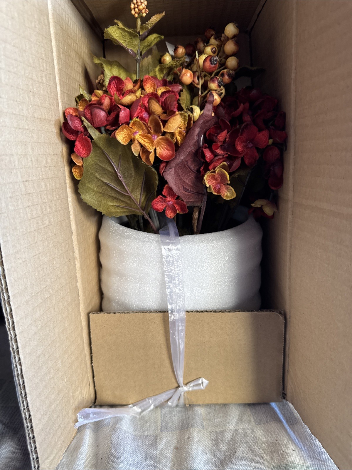 Nearly Natural Autumn Hydrangea Floral Arrangement w Round Vase 12”