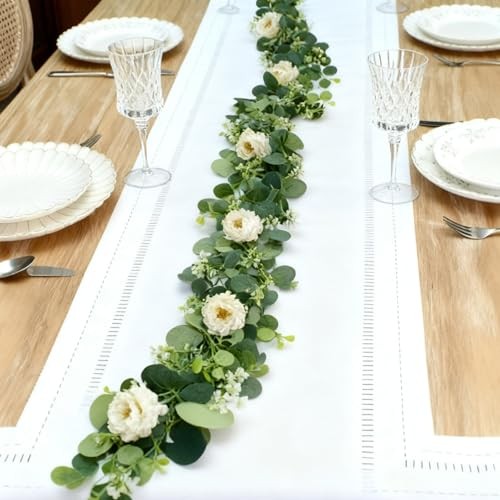 4 Packs 24FT Artificial Eucalyptus Flower Garland with White Camellias, Faux