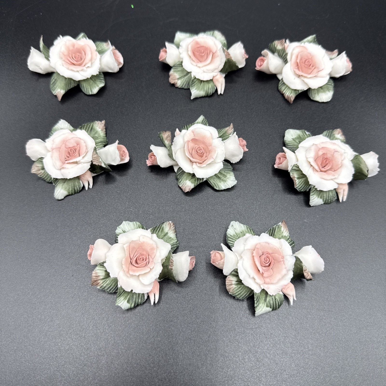 8 BEAUTIFUL PORCELAIN PINK ROSES W/ Full Bloom, 2 Buds & Green & White Leaves.