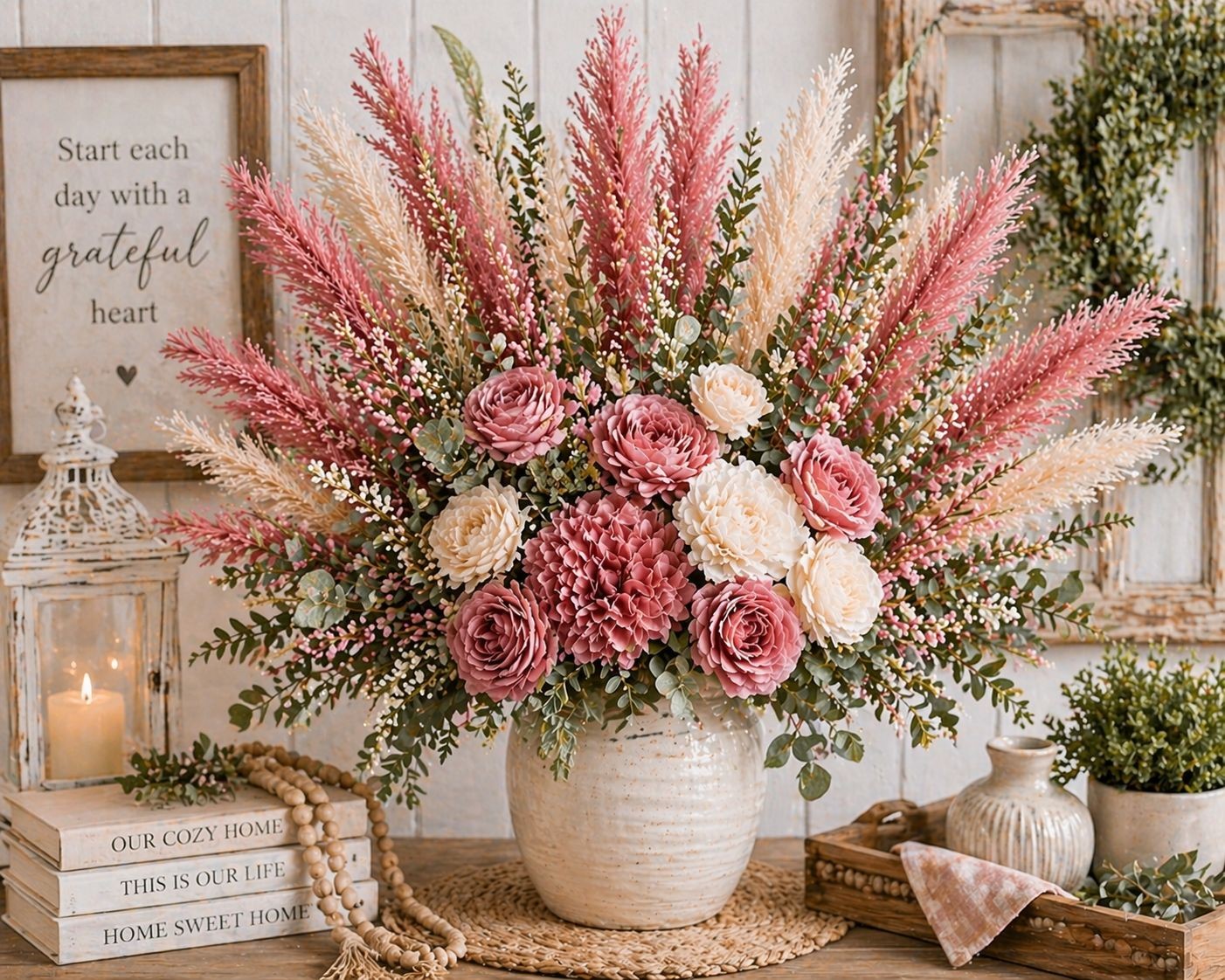 Rose Pink Pampas Grass 3 Stem Faux Pampas 21 Inch Boho Decor Rustic Vase Filler