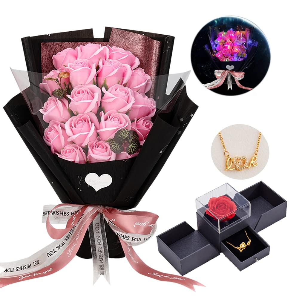 Roses Bouquet Artificial Flower – Preserved Pink Rose Flowers with Love Neckl…