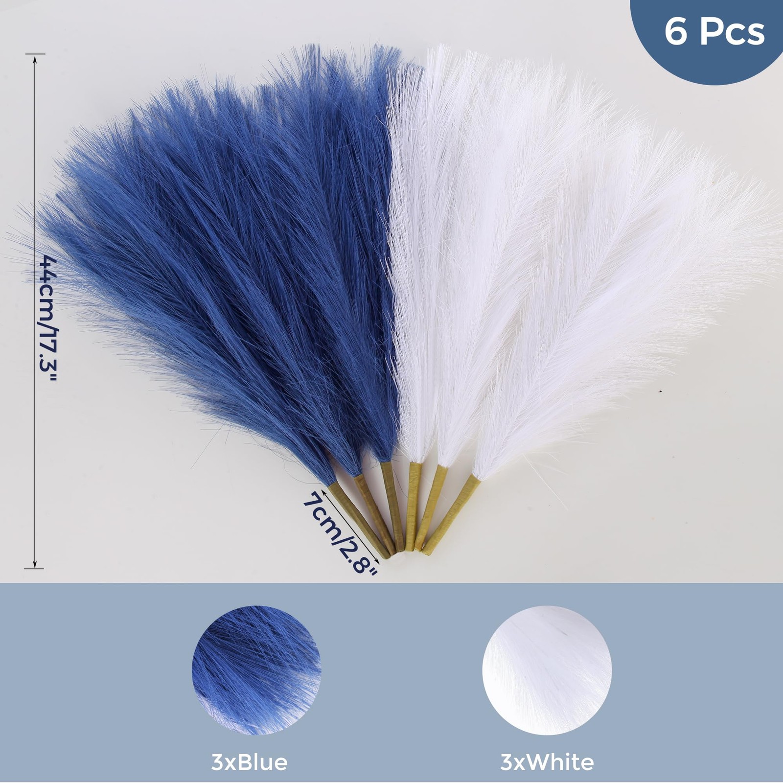 Blue Pampas Grass Decor 17.7 Inch 6 Pcs, Faux Pampas Grass White for Living R…