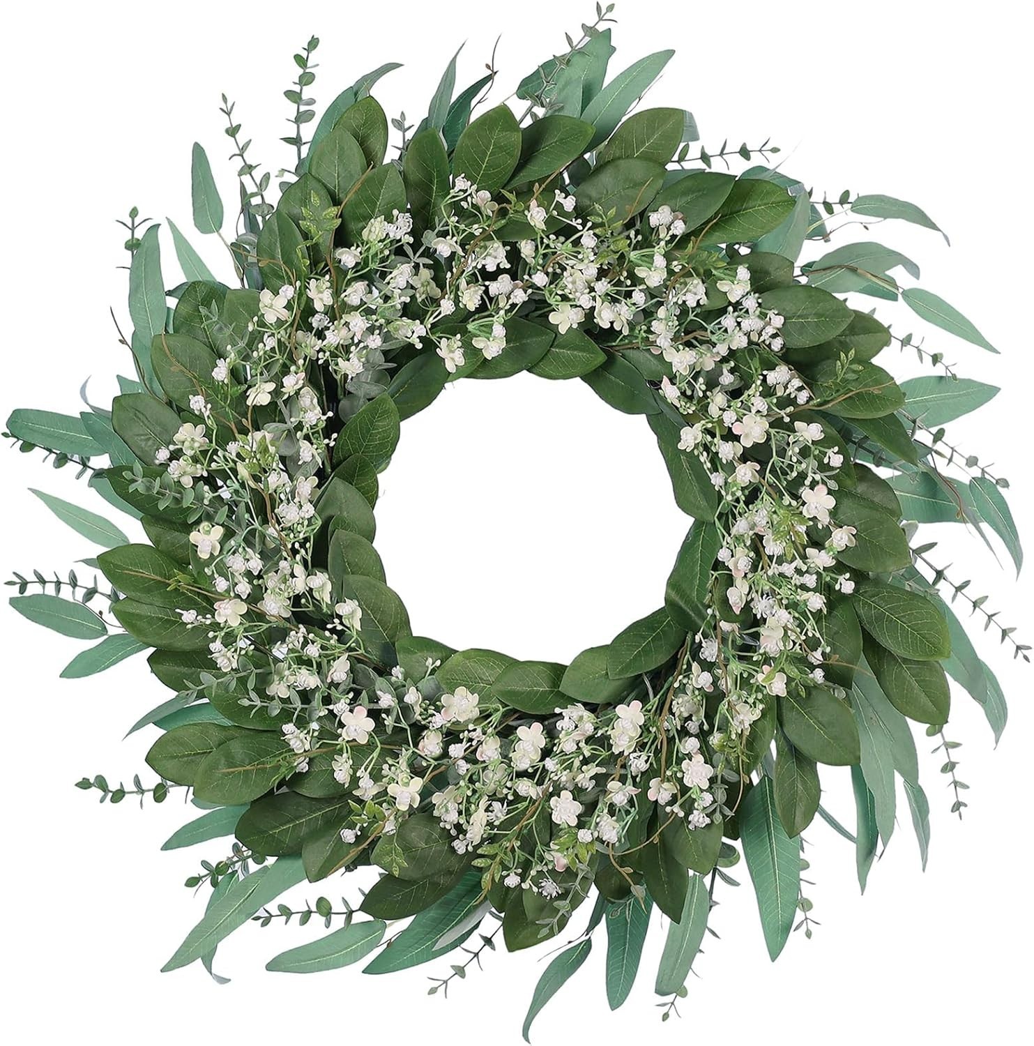 26-Inch Eucalyptus and Babys Breath Wreath for Front Door All-Season Indoor O…