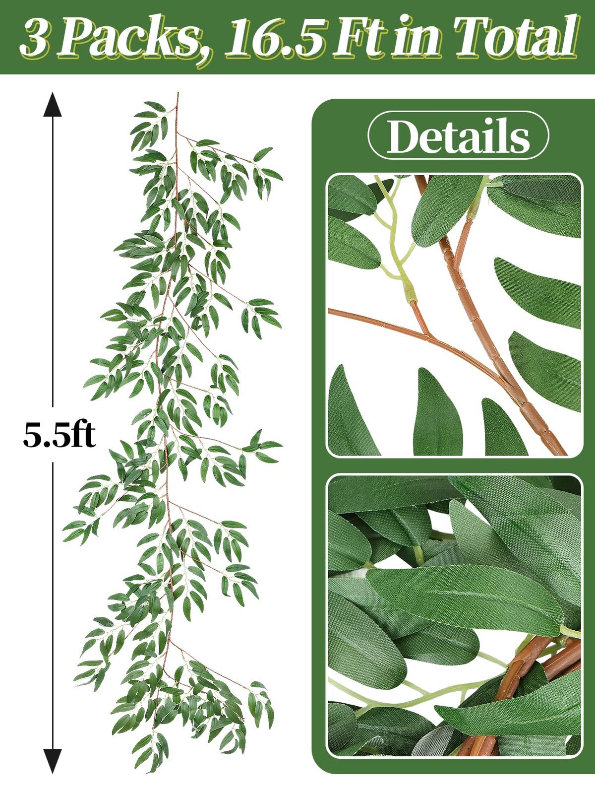 Fake Vines Greenery Garland – 3 Packs Total 16.5ft Green Willow Leaf Vine Gar…