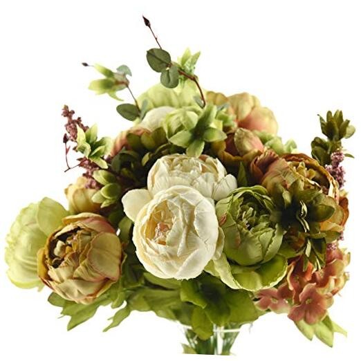 Vintage Artificial Peonies Silk Peony Country Rustic (Beige, Green & Brown)