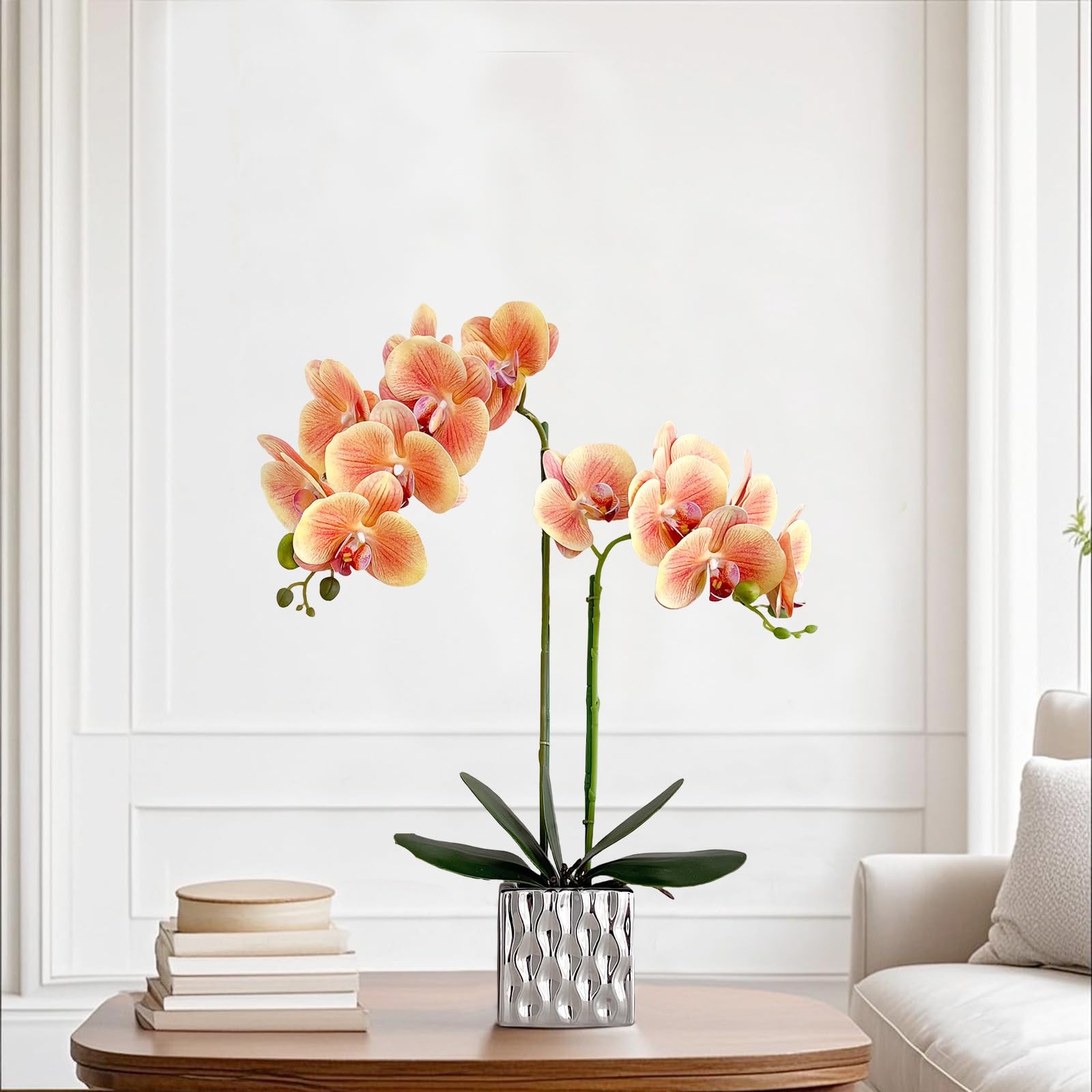 20 Inch Orange Artificial Faux Orchid Silk Flower Arrangement Silver Vase