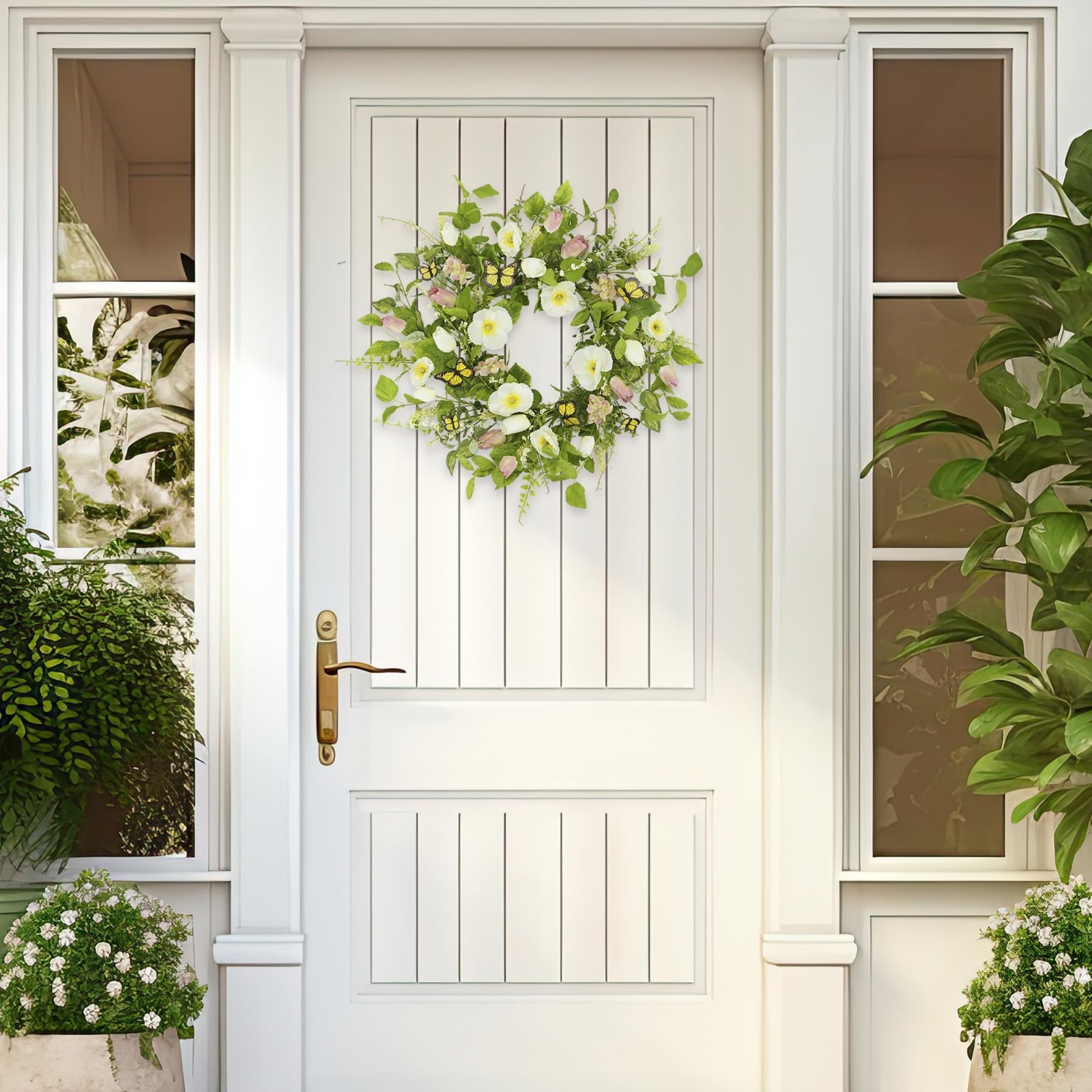 18″ Floral Wreath with Eucalyptus & Butterflies – Spring Summer Door Decor, Gree