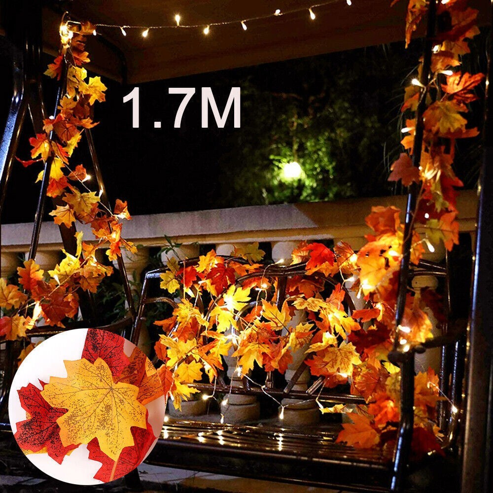 Autumn Fall Maple Leaves LED Lights Hanging Plant Halloween Artificial Flowers
