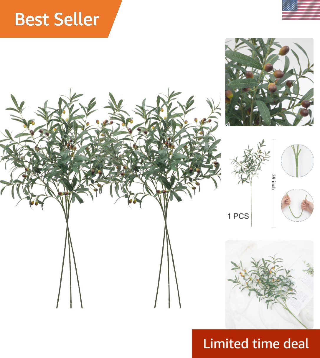 Pack of 6 Realistic Faux Olive Branches – Perfect for Home and Event Decoration