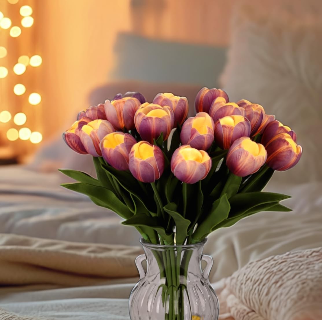 20 Stems LED Lighted Artificial Flowers Tulip Lamp Real Touch Tulips Faux Flo…