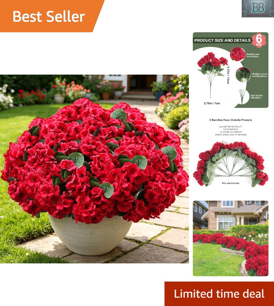 Vibrant Red Artificial Flowers – 6 Full Bunches of Lifelike Silk Geraniums