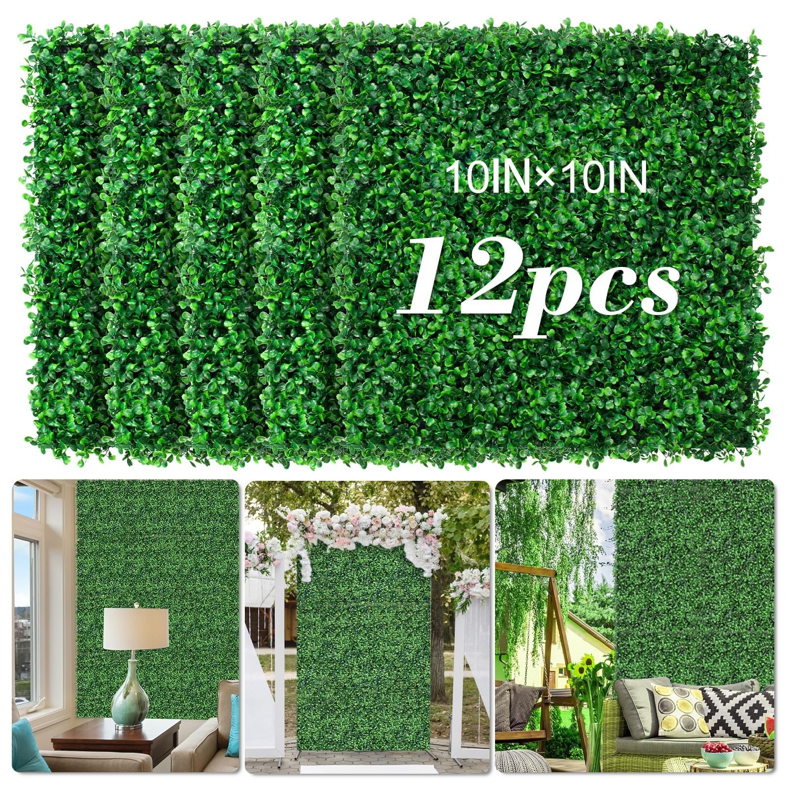 10″x10″ Artificial Grass Wall Panels – 12Pcs Boxwood Hedge Decor, UV-Resistant G