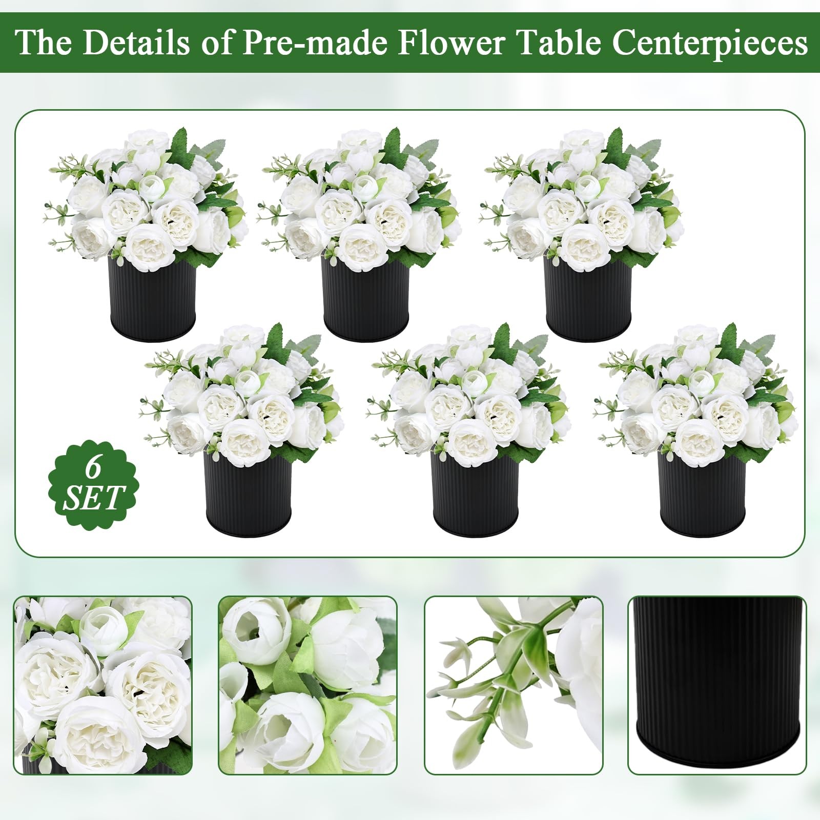 Pre-Made Flower Table Centerpieces, Set of 6 Artificial Silk Peonies with Bla…