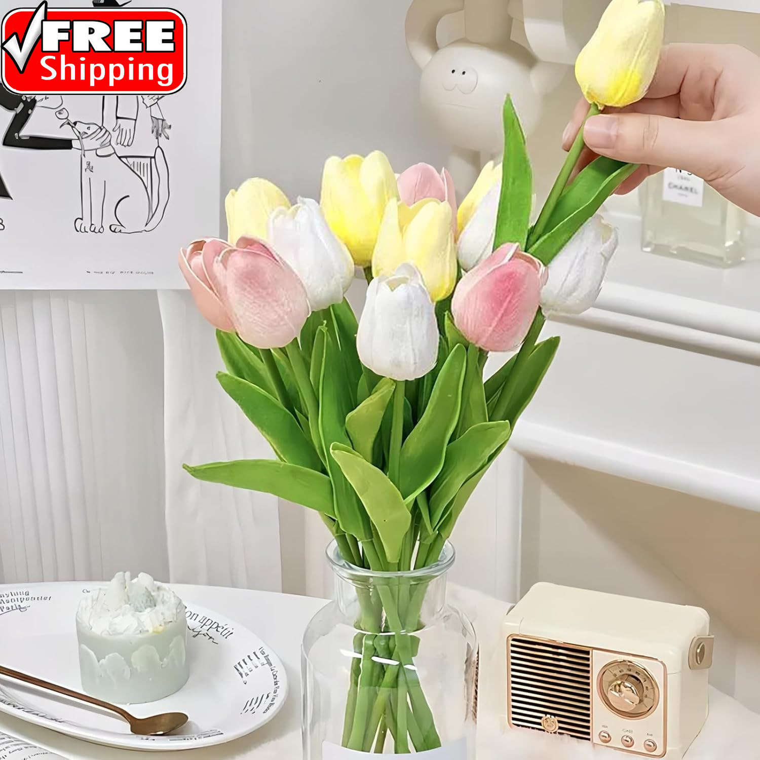 15PCS Artificial Tulips Flowers,Real Touch 14″ Silk Fake Tulips,Bulk Fake Flower
