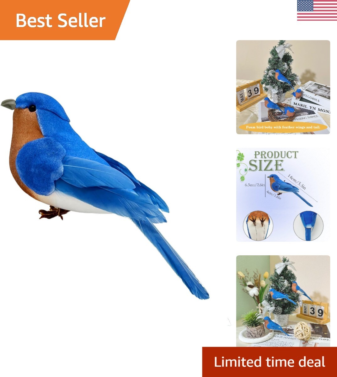 Realistic Feathered Blue Bird Model for Floral Arrangements & Crafts