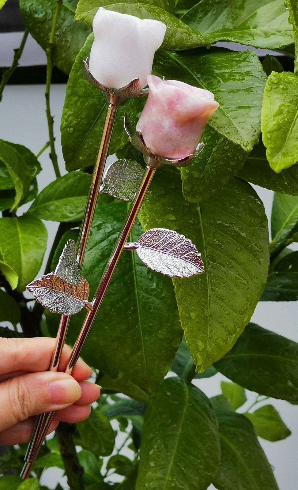 Pink Opal and White Jade rose with silver stem , Decorative Collectible