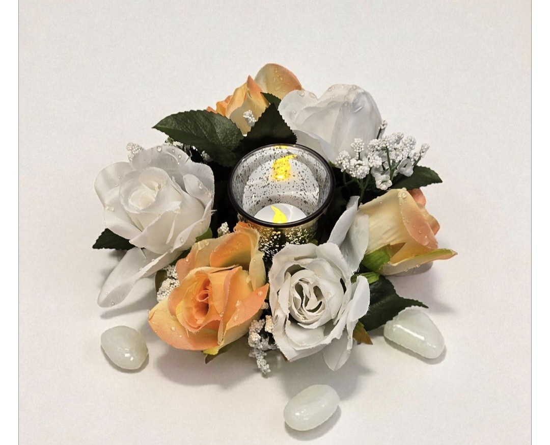 Artificial Flowers Weddingr Centerpieces 5 Pc. White, Orang Roses w/Babys Breath