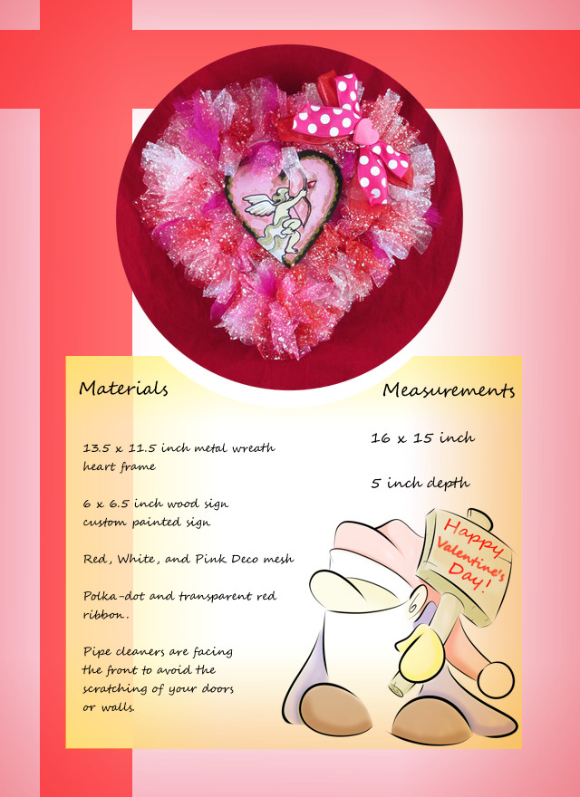Red, White, and Pink Faux-Snow Deco Mesh Heart-Shaped Wreath