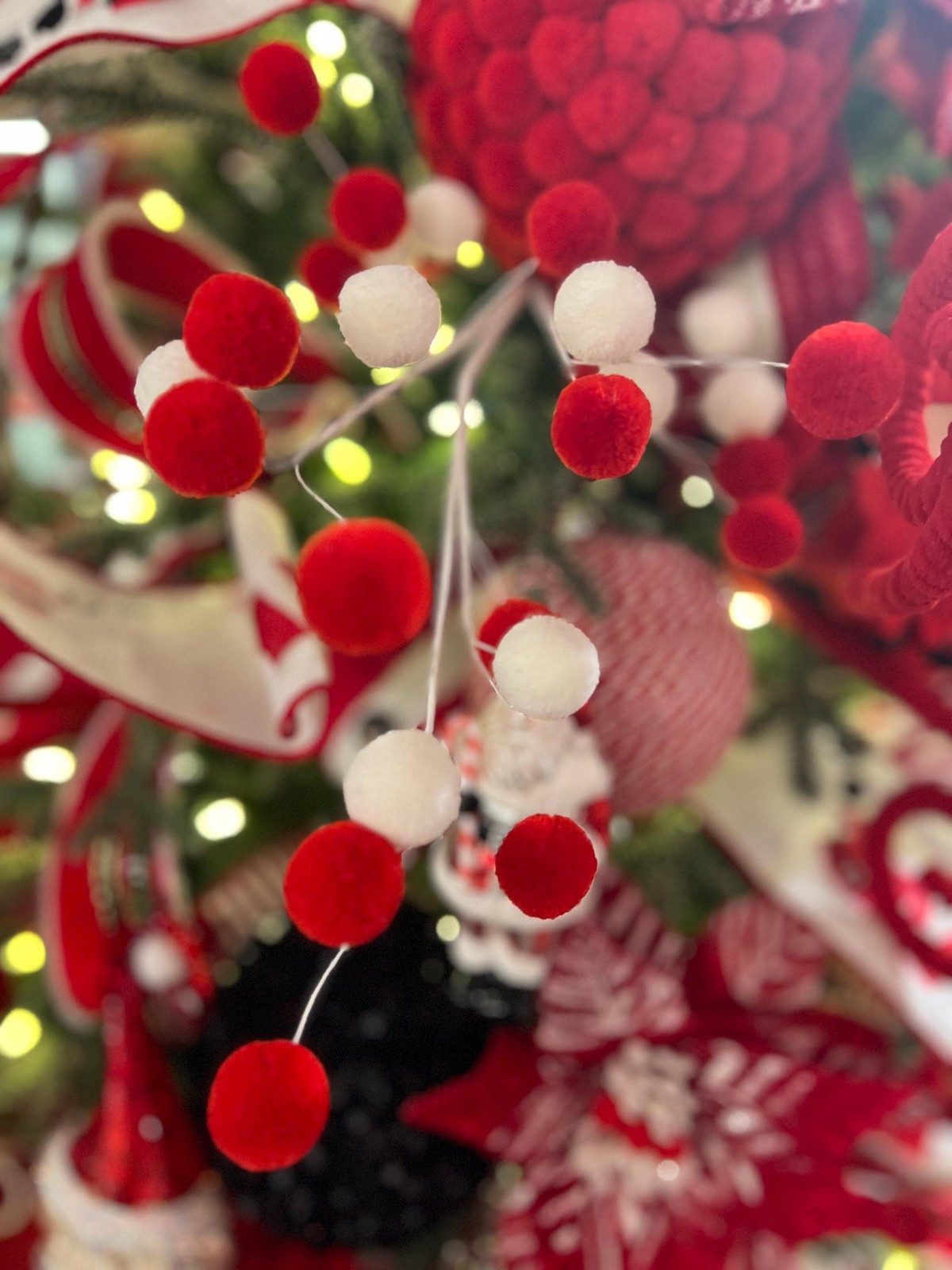 Extra Long 32-inch Red & White Pom Pom Spray – Festive Christmas Tree Decoration