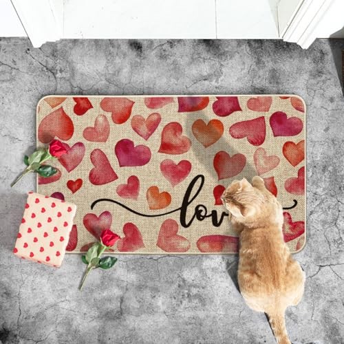 Heart Love Valentine’s Day Doormat, Anniversary Wedding Home 17″ x 29″ Beige
