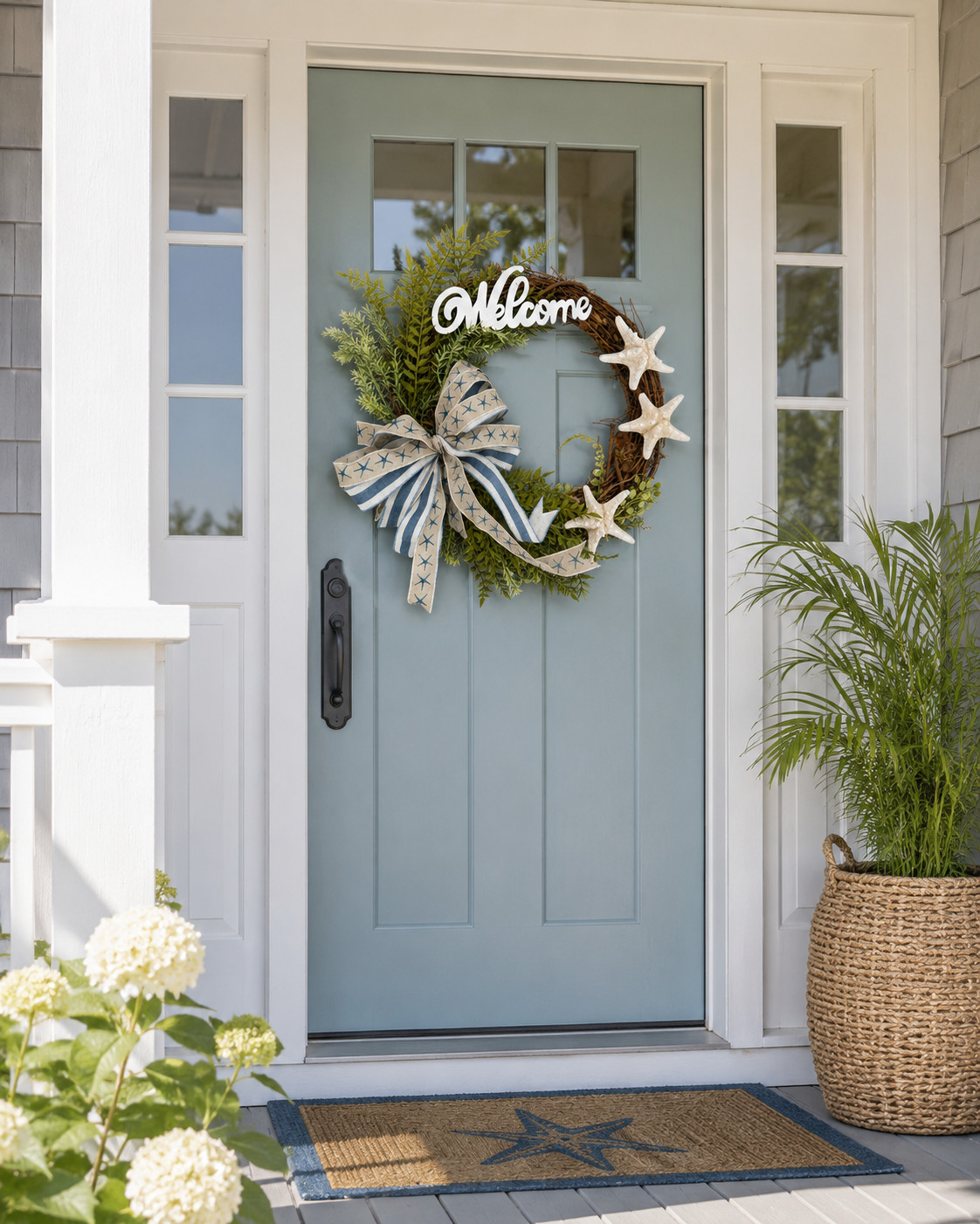 Coastal Starfish Welcome Wreath – Choice of 2 Ribbon Styles- Handmade Front Door