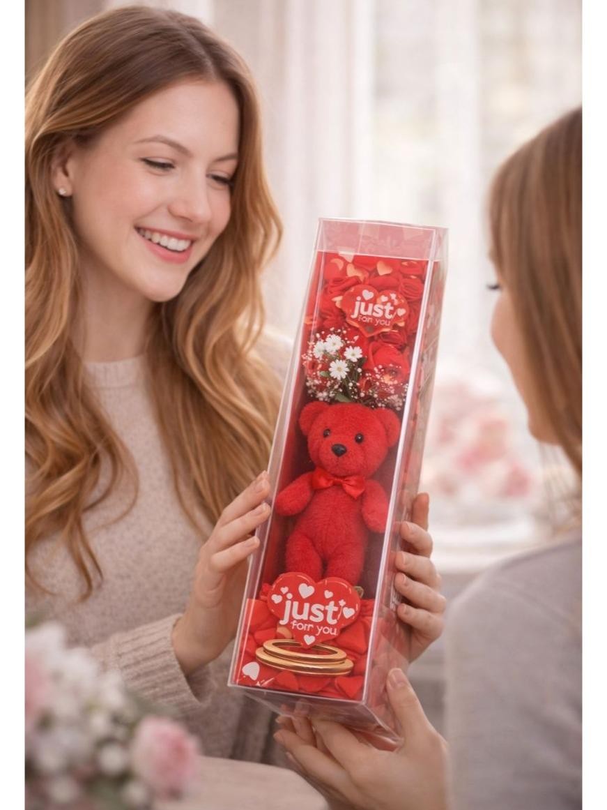 Mini Teddy Bear Gift Box with Plush Bear & Artificial Roses for Valentine’s Day