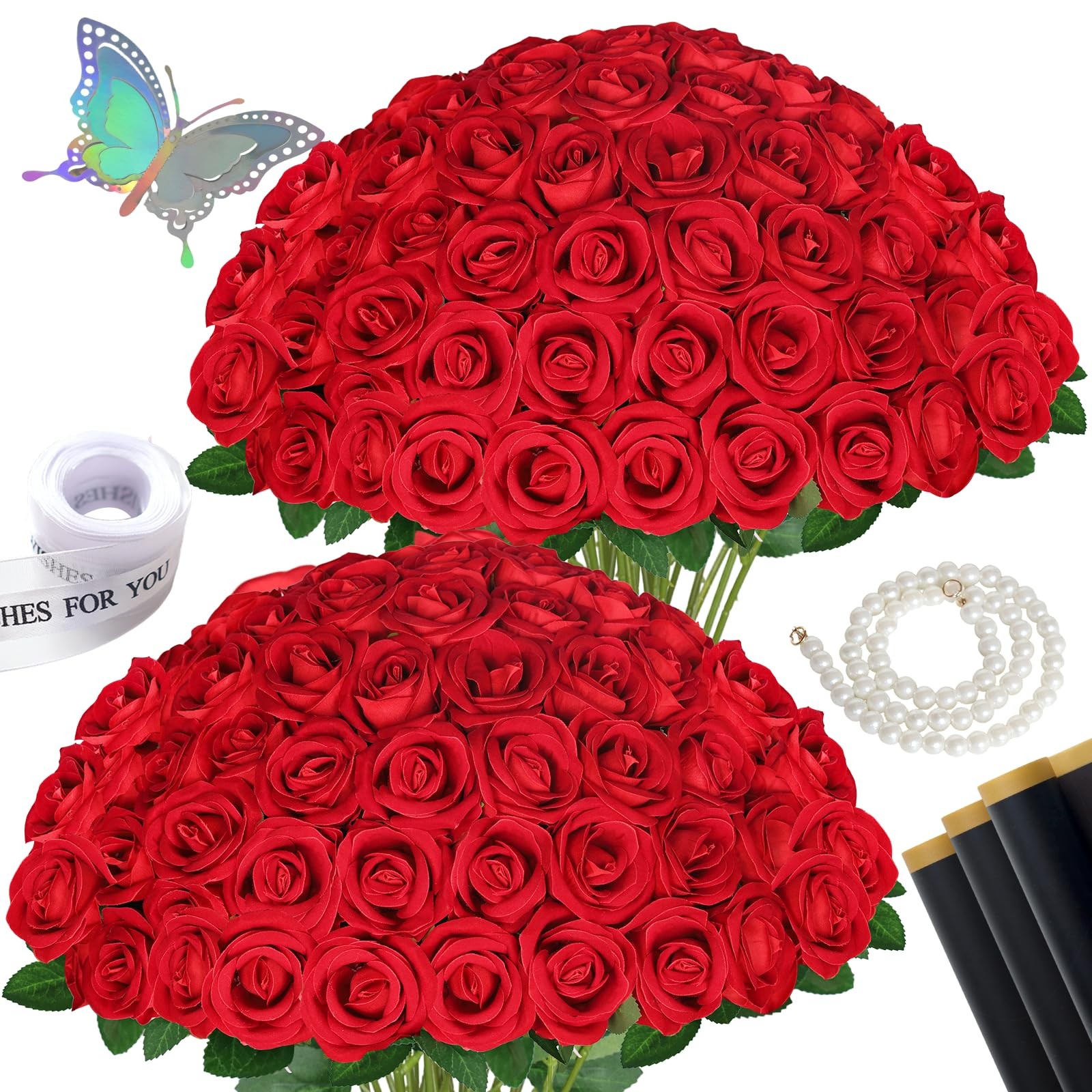 50 Pcs Fake Roses Red Artificial Flowers Bulk, Faux Velvet Silk Rose Bouquet …