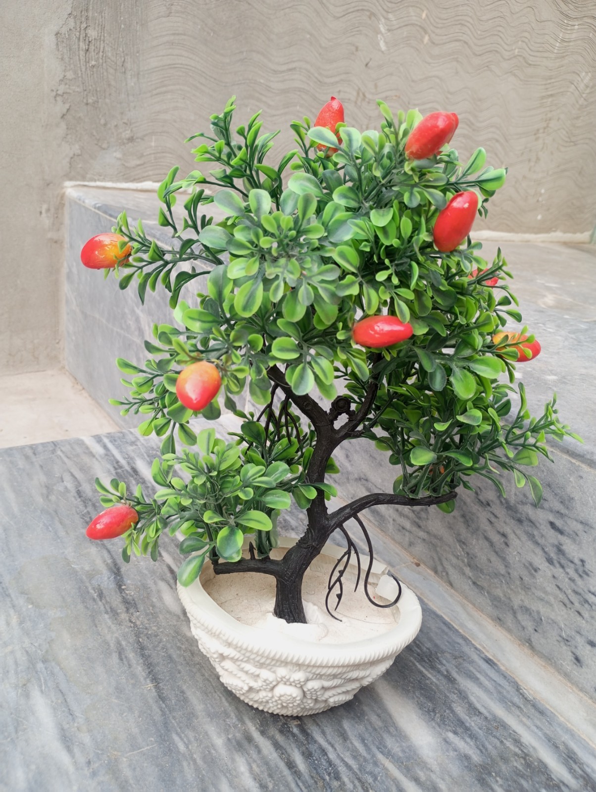 Artificial Bonsai Tree with Red Fruit Decorative White Pot Home Decor