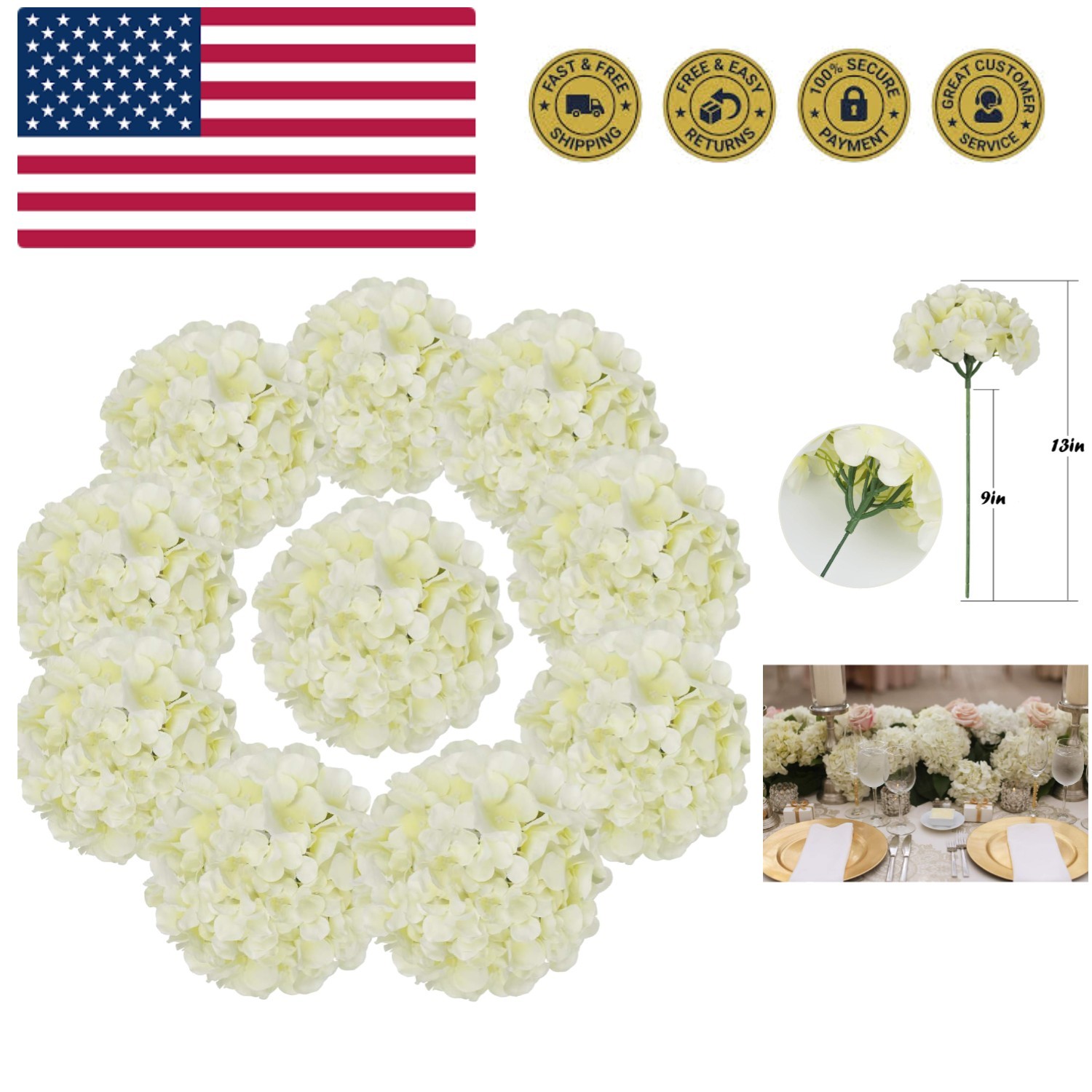 Silk Hydrangea Heads Artificial Flowers Heads with Stems for Home Wedding Dec…