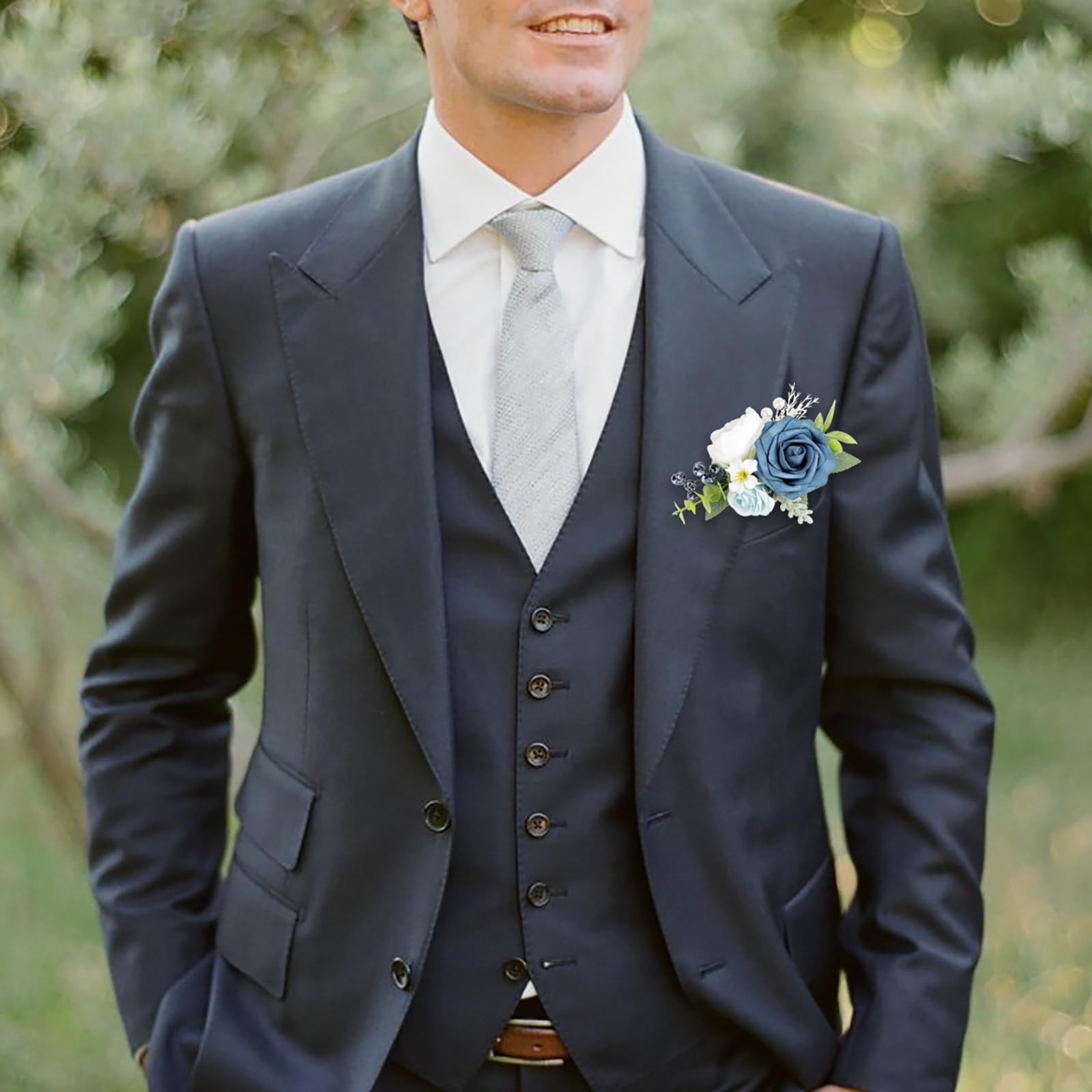 Dusty Blue Flowers Pocket Boutonniere Men Groom Groomsmen Wedding Party Prom