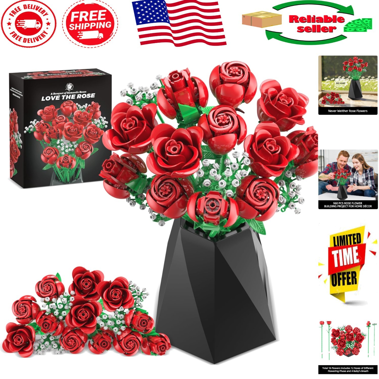 Elegant Red Rose Building Blocks Set, 960PCS – Perfect Gift for Any Occasion