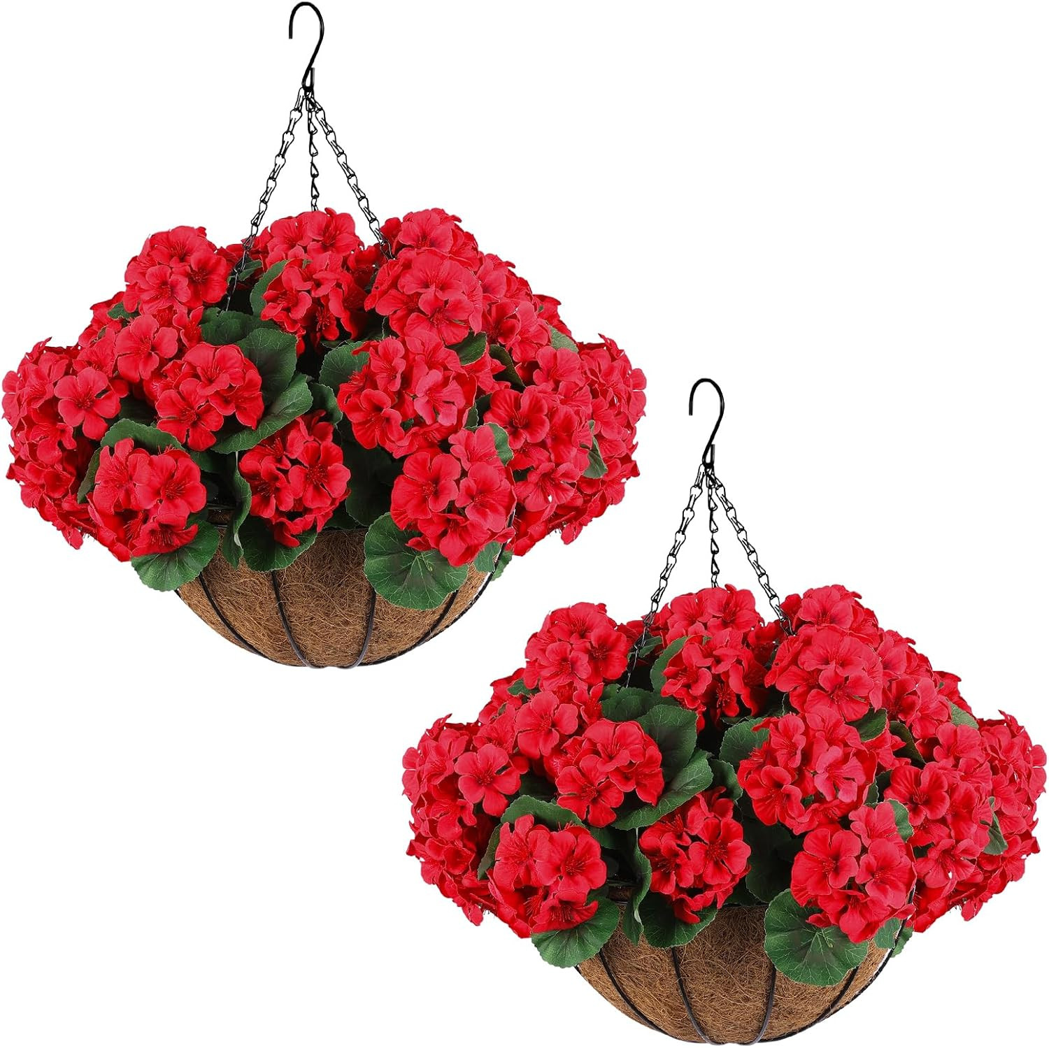 2 Set Artificial Red Geraniums Flowers for Outdoors with Hanging Baskets, 2 Hang