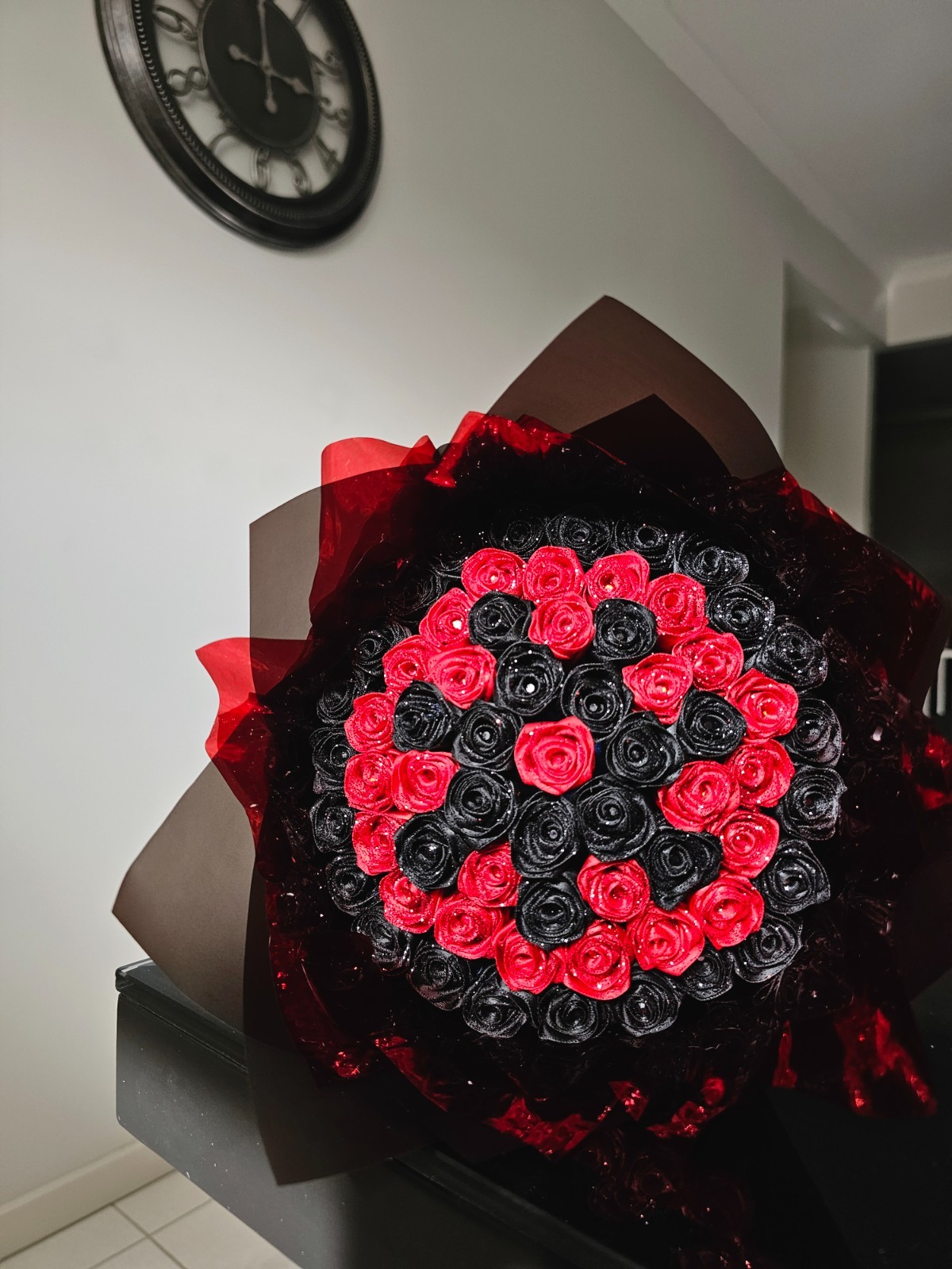 64 Red & Black Glitter Roses Bouquet