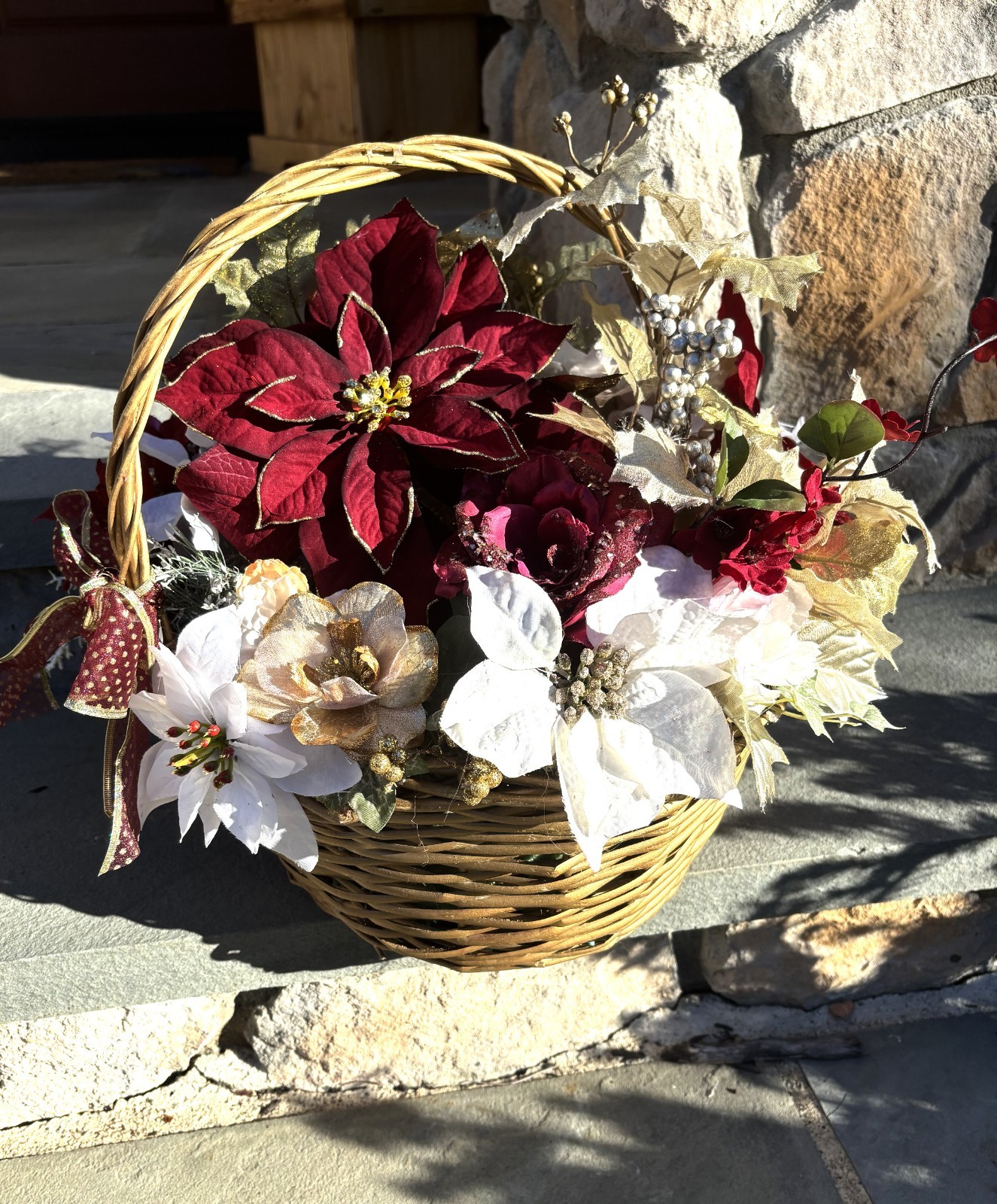 Burgundy and Gold Flower Christmas Basket