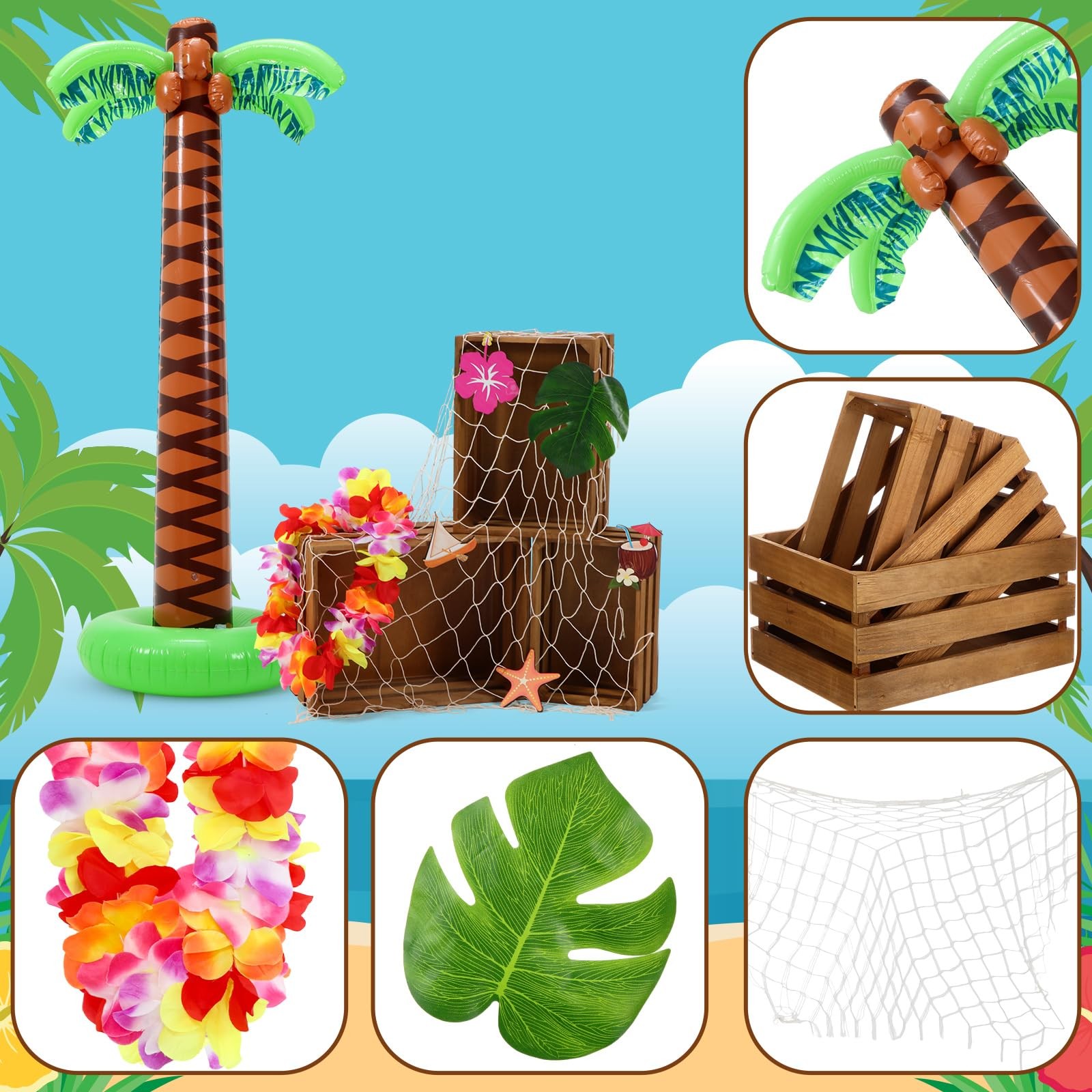 11 Pcs Hawaiian Party Decoration Set 70 Inch Giant Inflatable Palm Tree Woode…