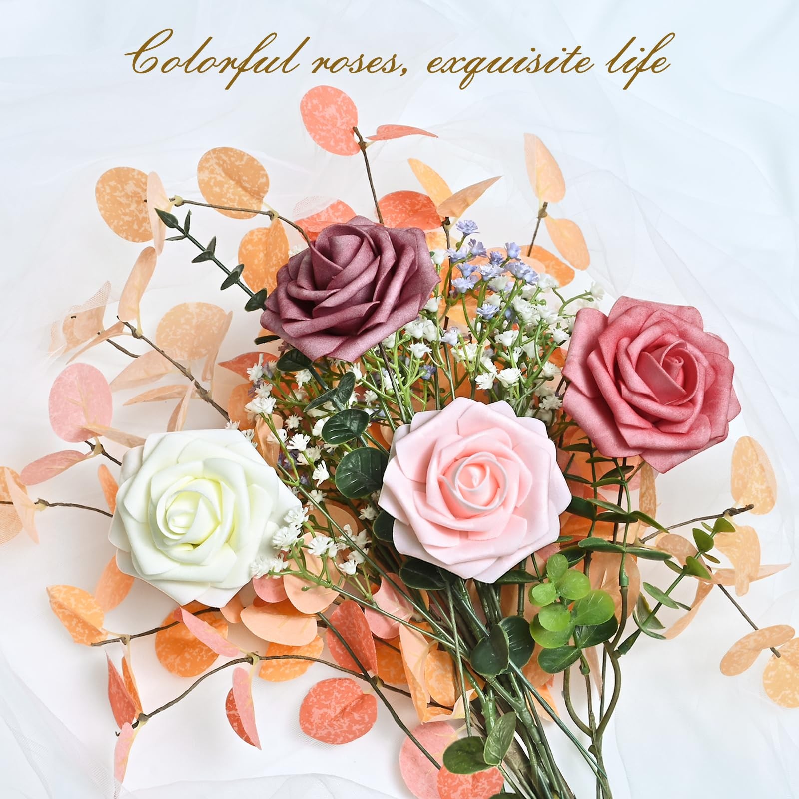 BLEUM CADE 36Pcs Artificial Flowers Fake Roses with Stems, Gradient Dusty Rose