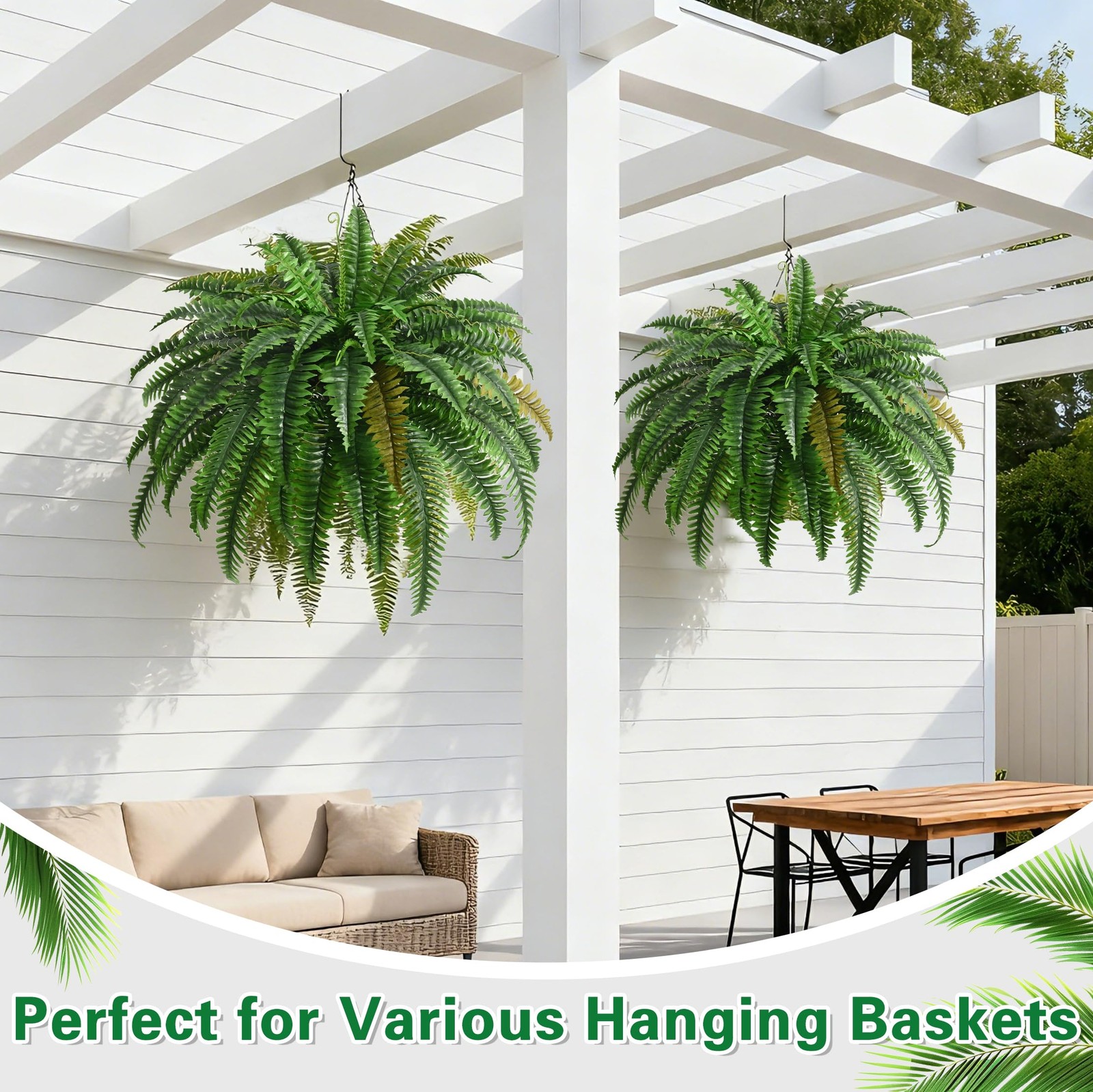 2PCS 45in UV Resistant Faux Boston Ferns – Realistic Outdoor Hanging Decor