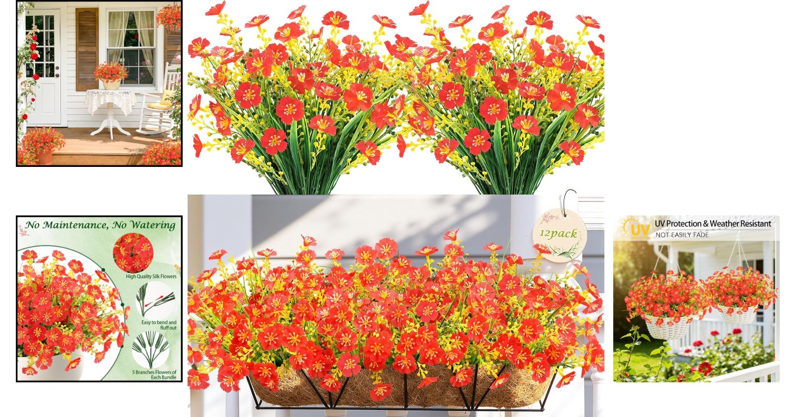 12 Bundles UV Resistant Red Artificial Flowers – Perfect Indoor & Outdoor Decor