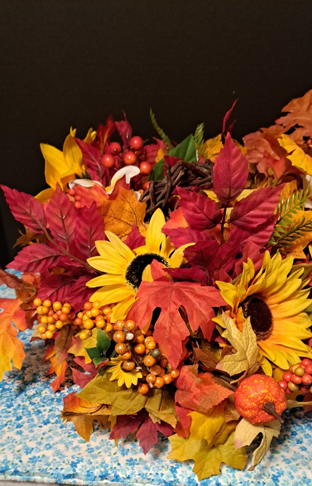 Fall Bouquet In Grapevine Basket Silk flowers Leaves And Berries 17″ X 18″ X 10″