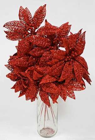 Bulk Pack of 12 Red Glittered Mesh Artificial Poinsettia 9″ Picks
