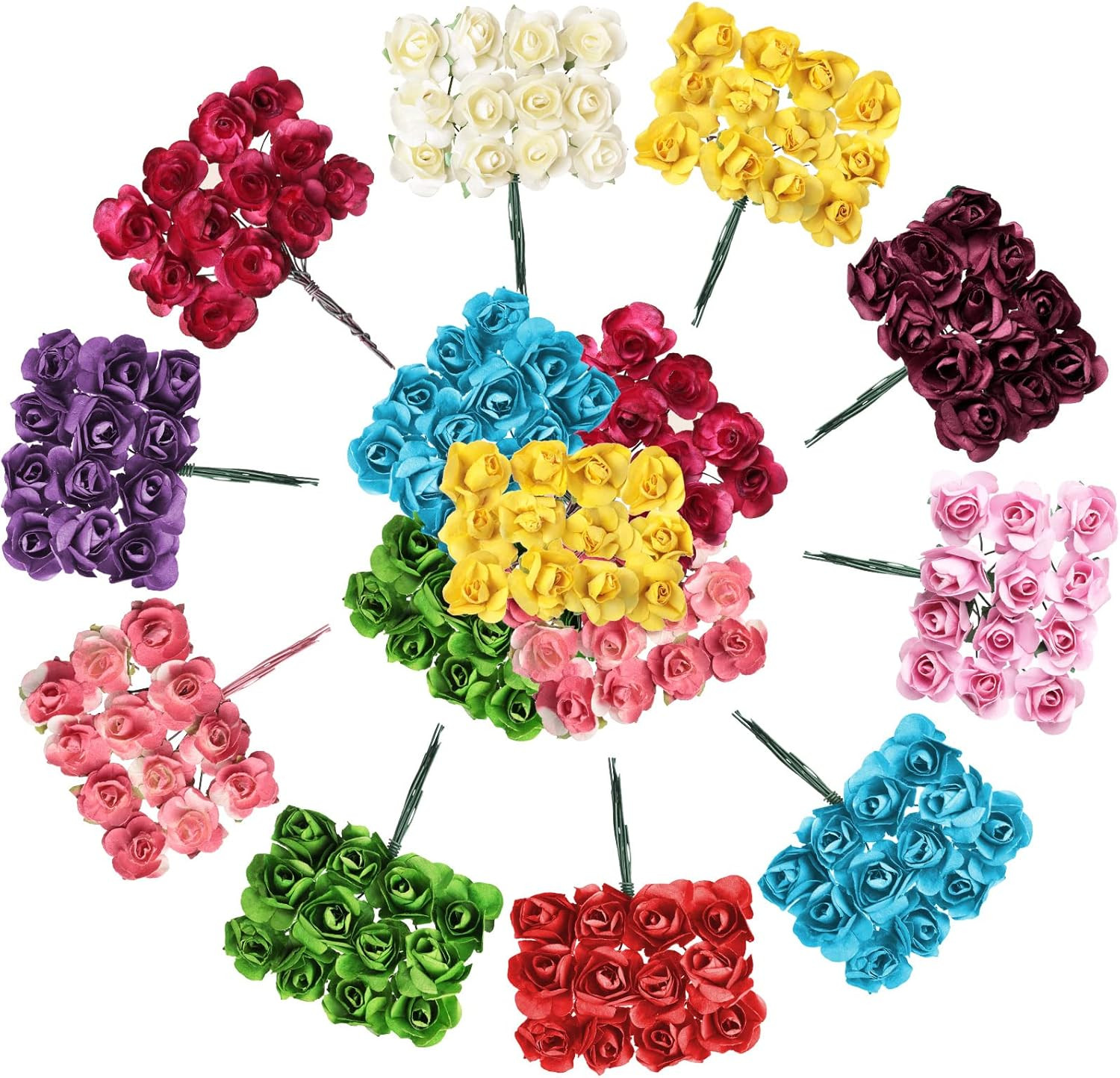 132 Pcs Artificial Mini Rose Fake Mixed Color Paper Flower Handmade Small Flower
