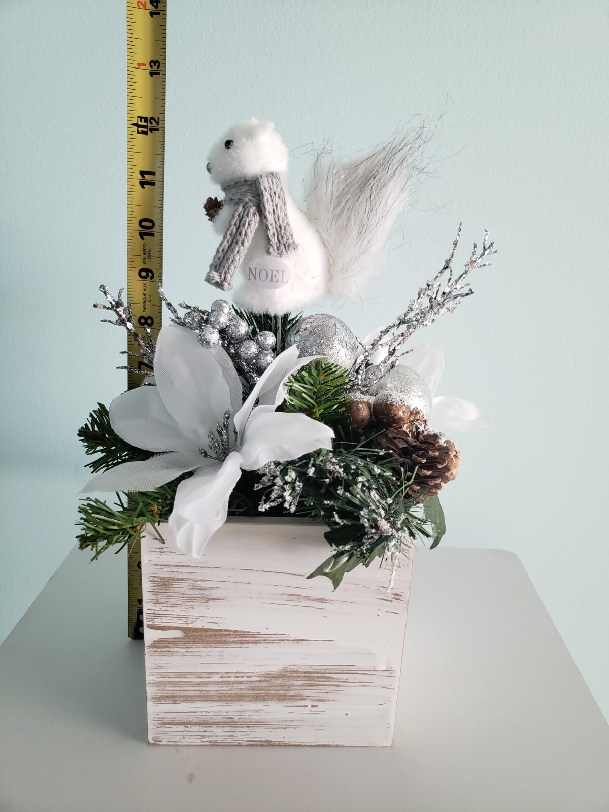 Christmas Rustic Farmhouse Floral Arrangement Decor In Wood Box White Silver