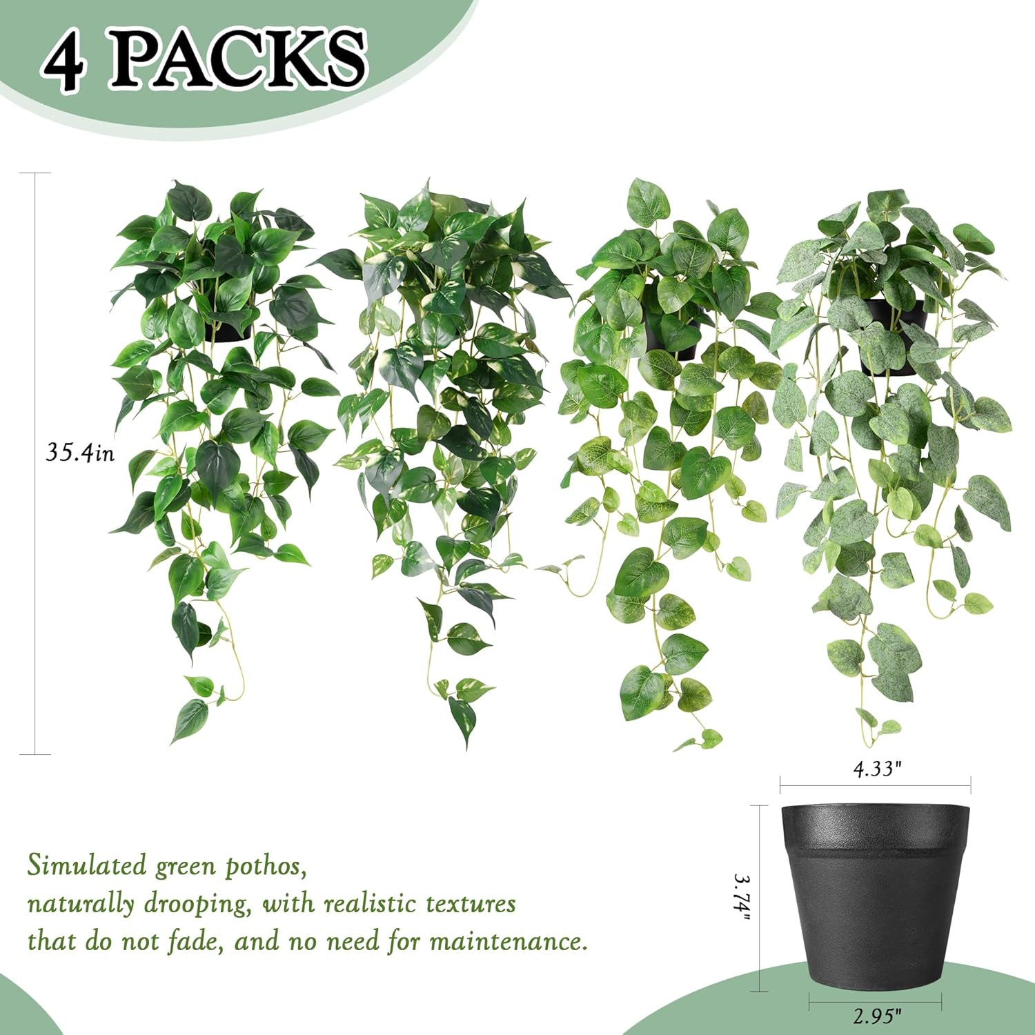4PC Fake Hanging Pothos Plants with Pots, 33″ Faux Ivy for Home Decor